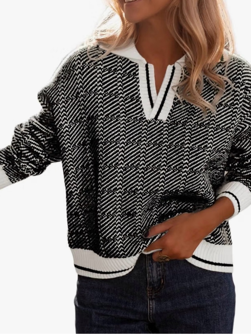 EVALESS Womens Lapel V Neck Color Block Striped Sweaters Drop Shoulder Long Slee